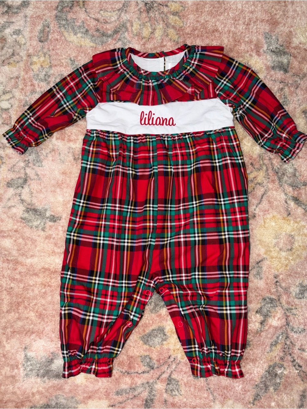 “LILIANA” Embroidered Red Plaid Baby Romper with White Bodice